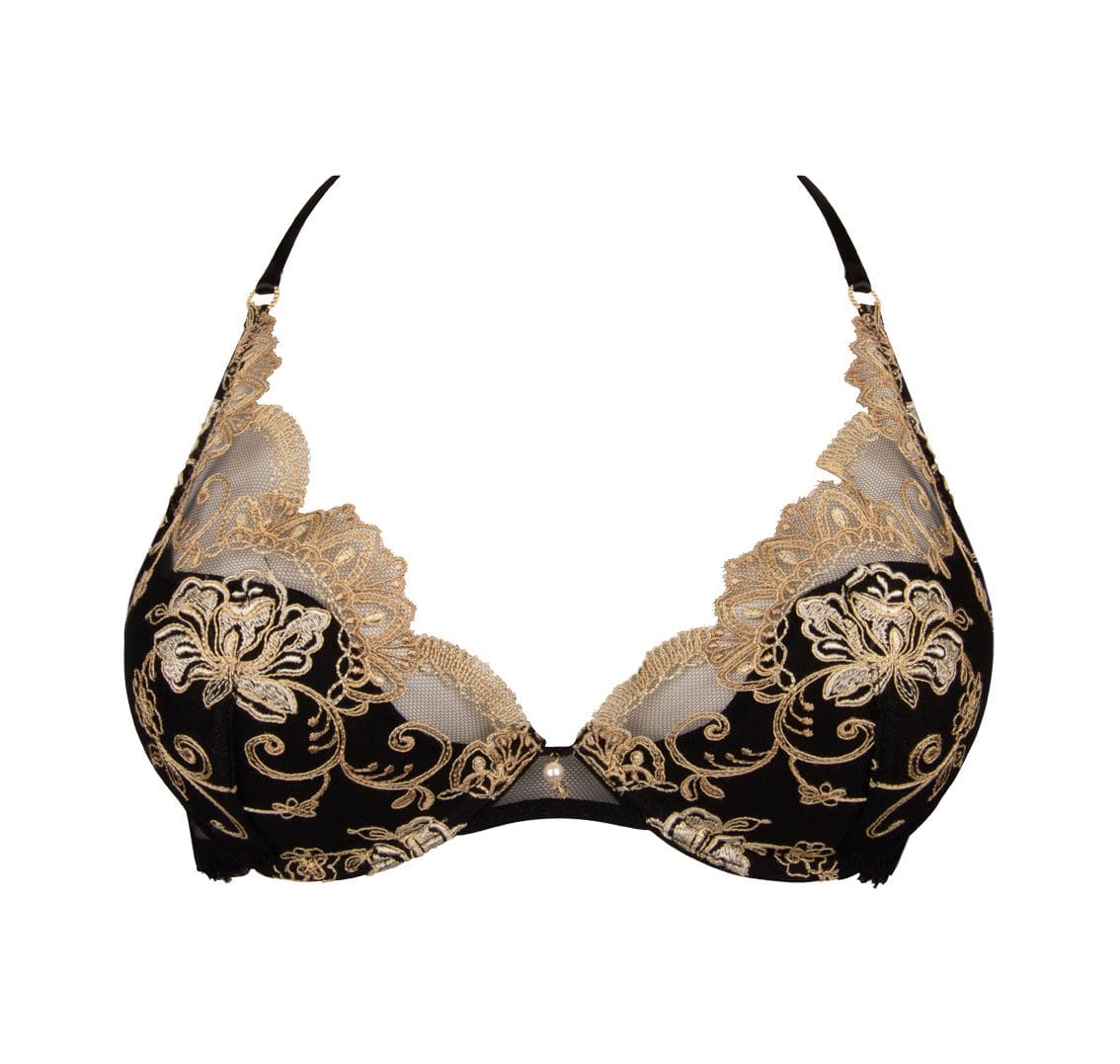 Black Underwire Padded Balconette Bra with Lace Trim - Déesse Collection
